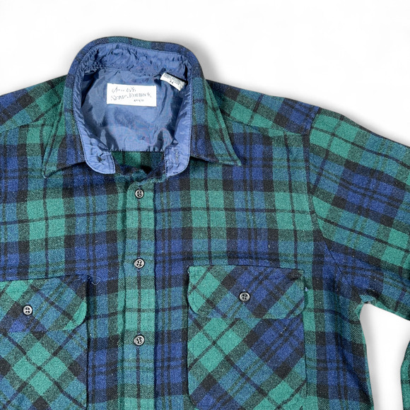 Vintage Sears Roebuck Shirt Adult MEDIUM Blue Green Flannel Black Watch Wool 80s - Picture 2 of 9